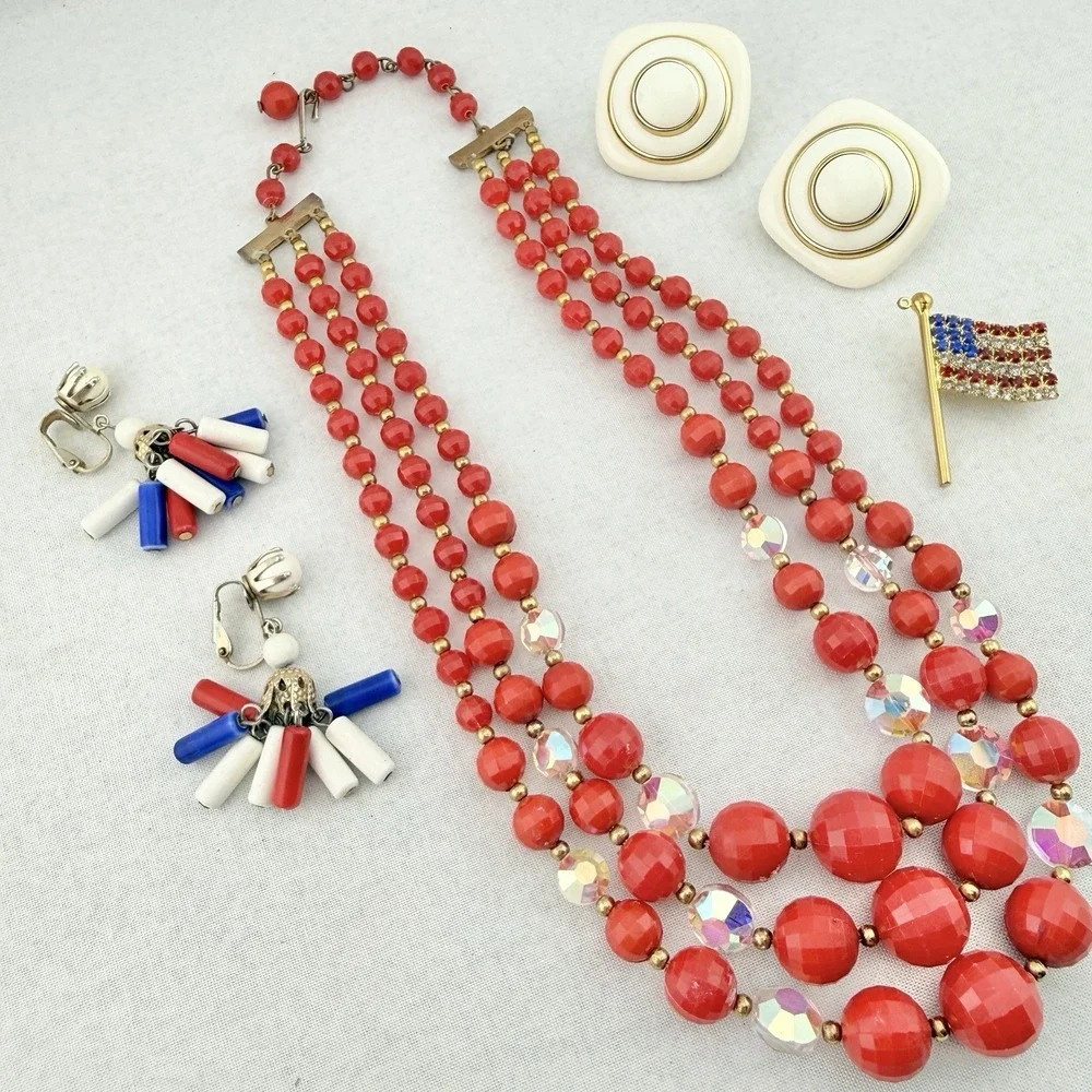 Vintage Patriotic Jewelry Lot Necklace Clip On Earrings Brooch July 4th USA Flag